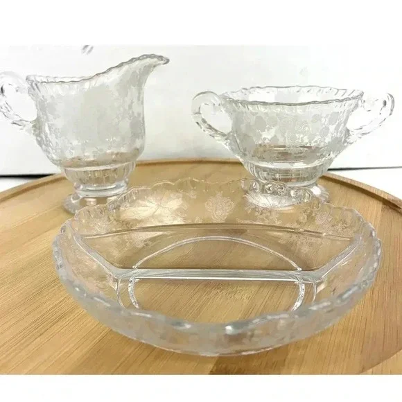 VTG Cambridge‎ Rose Point Divided Dish Sugar and Creamer Etched Clear Glass