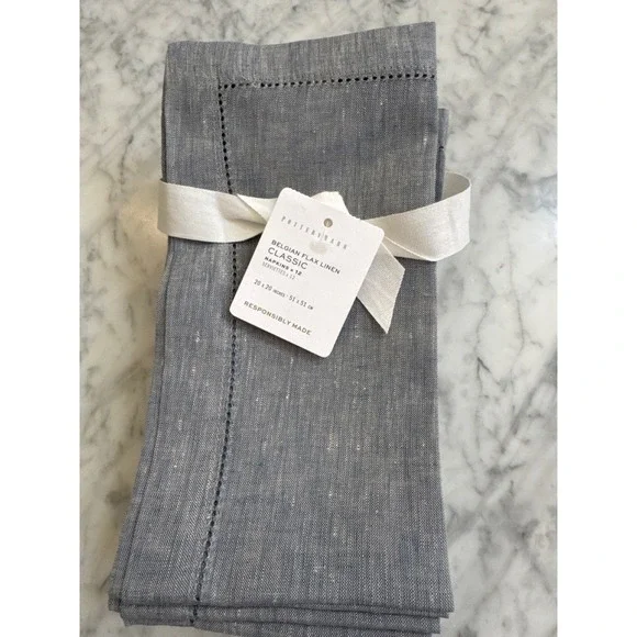 Pottery Barn Belgian Flax Linen Napkins Set /12 Chambray Hemstitch 20x20
