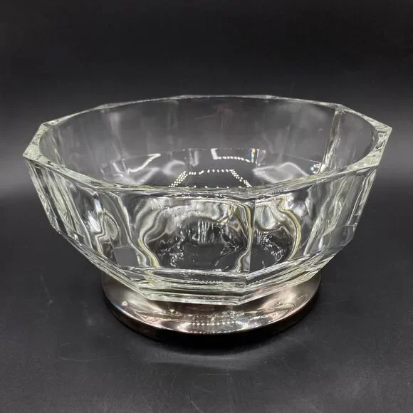 Vtg Godinger Decagon Italy Faceted Glass Bowl Silver Plate Footed Pedestal 9