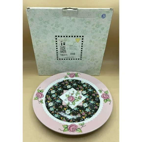 ME Mary Engelbreit Chinz Charming Black Pink Rim Flowers Platter 12