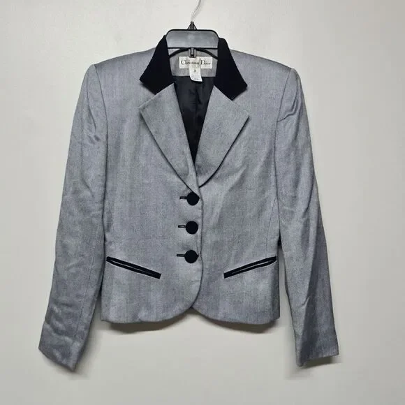 Christian Dior Womens Navy Blue Herringbone Blazer Sz 2 Elegant Academia Office‎