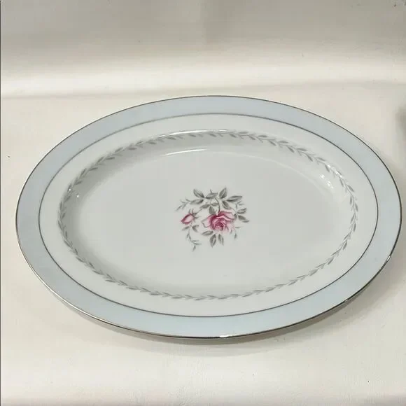 Regency Japan Oval Serving Platter Silver Trim Blue White Pink Rose Floral