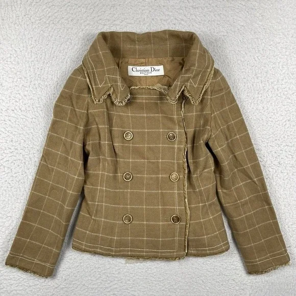 Christian Dior Jacket Womens 6 Tan Wool Angora Windowpane Deconstructed France‎