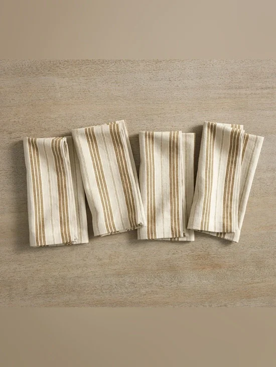 4 Pottery Barn Colette Stripe Tan Cotton Linen Table Napkins 20