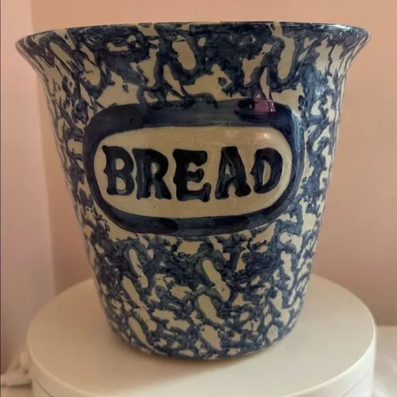 Blue Spongeware Bread Bowl Crock Pottery
