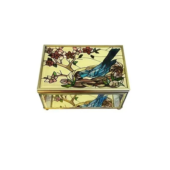 Joan Baker Designs vintage Stain Glass blue jay Hand Painted Trinket Box jewelry