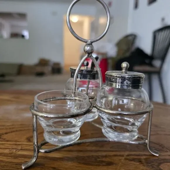 Vintage Silver Plated 3-Piece Condiment Cruet Set with Glass Jars & Spoon