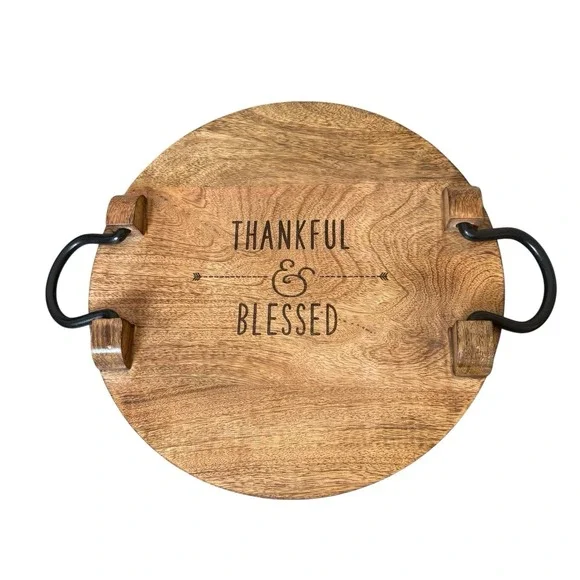 Thirty-One Close To Home Wood‎ Serving Tray Iron Handles Thankful & Blessed 14
