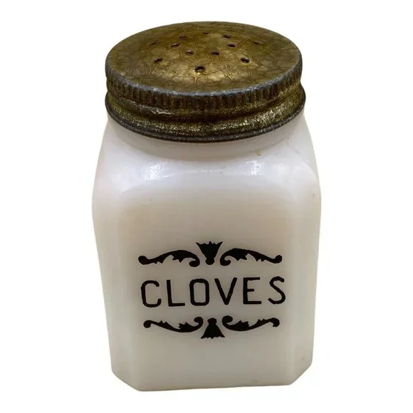 Vintage Cloves FRANK TEA & SPICE CO Dove Brand White Milk Glass 2 Oz