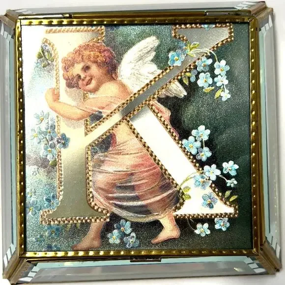 Beveled Glass‎ Jewelry Trinket Box Victorian Style Angel Flowers Monogram 