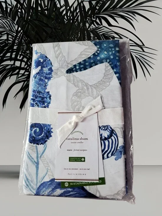 Pottery Barn (1) Catalina Coastal Cotton Euro Pillow Sham Blue Multi NWT