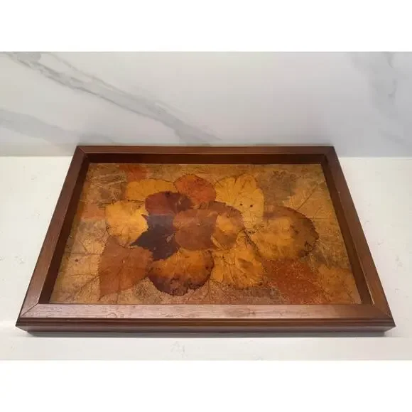 Mid Century Modern 70s Resin Pressed Leaves and Wood Tray