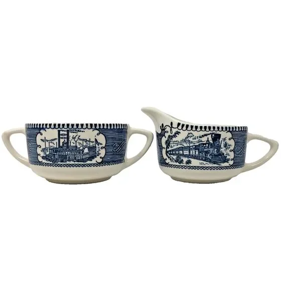 Currier & Ives Creamer Sugar Vintage Royal China Train River Boat Scene USA