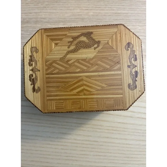 Octagon Hand‎ Carved Inlaid Wood Box for Jewelry & Trinkets with Gazelle