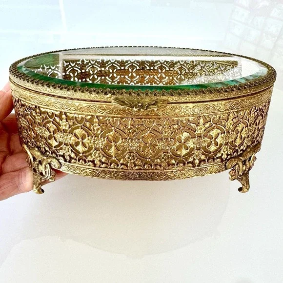 VTG Hollywood Regency Jewelry Box Ormolu Casket Gold Filigree Glass Oval Velvet