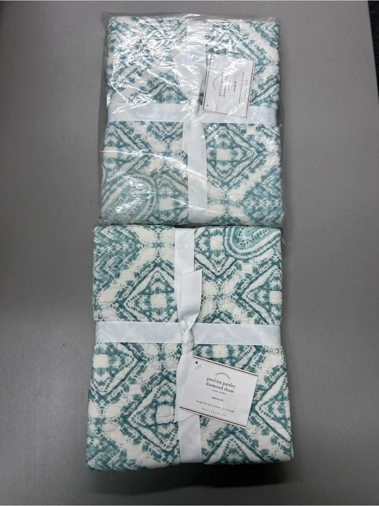 2 Pottery Barn Paulina Paisley Diamond Standard Pillow Sham Cover Teal White NWT