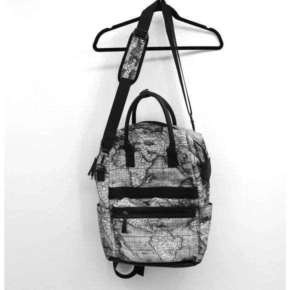 World Map Print Backpack Travel Messenger Bag Black White Cartography Chic Sleek