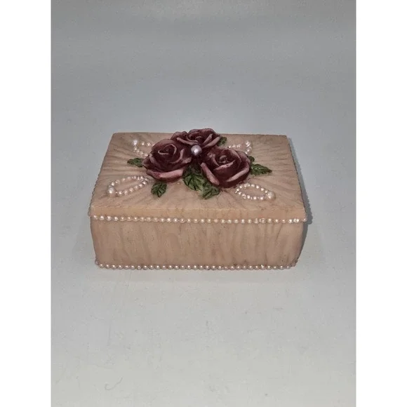 Vintage Rose Jewelry Box Trinket Box Faux Pearl Beaded Floral Keepsake Box