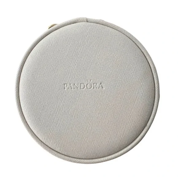 Pandora Small Round Travel Jewelry Case White Saffiano Gold Zip Organizer