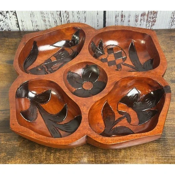 Wood Serving Bowl Hand Carved 5 Compartment Divider Serving Dish Holder‎ Aruba
