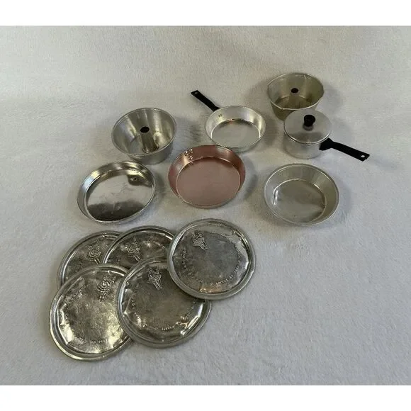 Child's Vintage Metal Pots & Pans Play Miniature Dish Set Plates, Pots, Pans