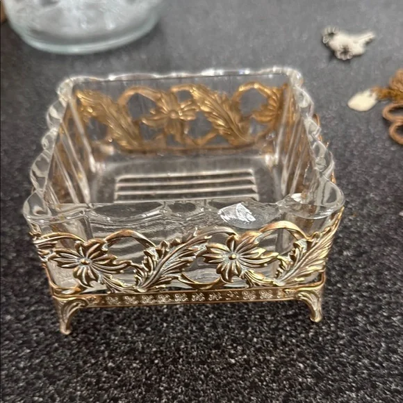 Vintage Gold Filigree  Vanity Trinket Box Jewelry Dish Footed Floral Hollywood