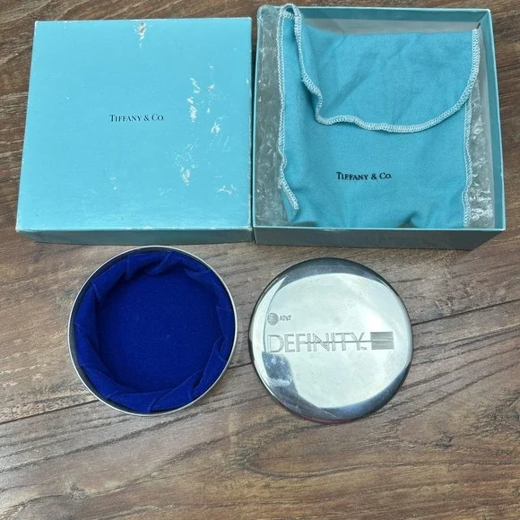 Tiffany & Co Jewelry Trinket Box Round Circle Pewter Blue Silver   AT&T Definity