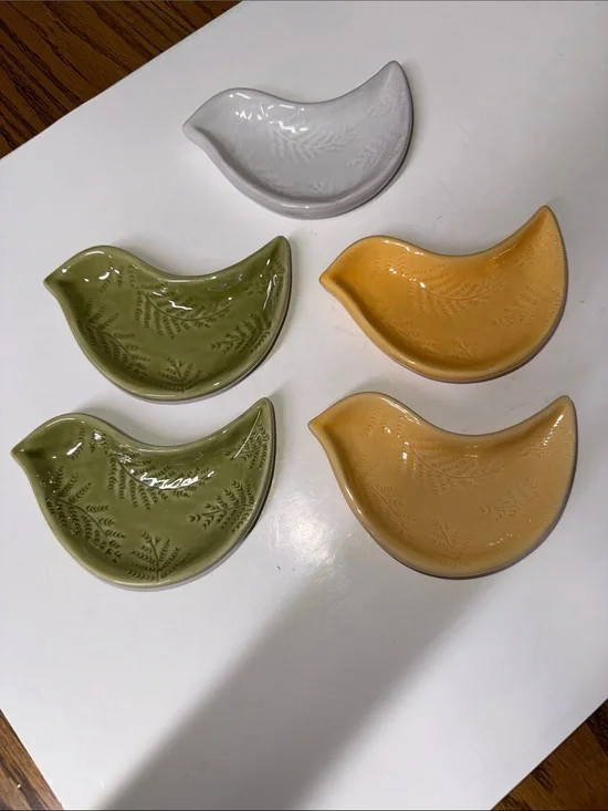 Pottery Barn Ceramic Bird Dove Dishes - Set of 5 White, Olive Green, and Mustard