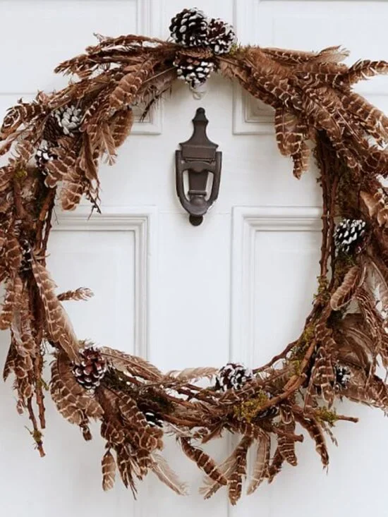 Pottery Barn Feather and Pine Cone Wreath 24