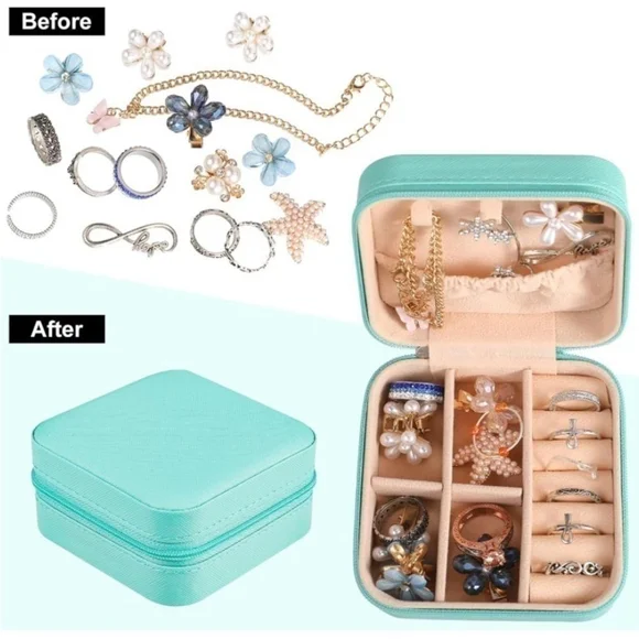 Travel Jewelry Organizer Box Aqua Blue Portable Storage Case