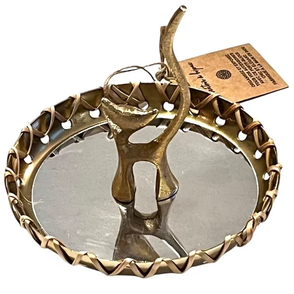 Goldtone Cute Kitty Cat Jewelry Trinket Tray Round Mirrored Made in India