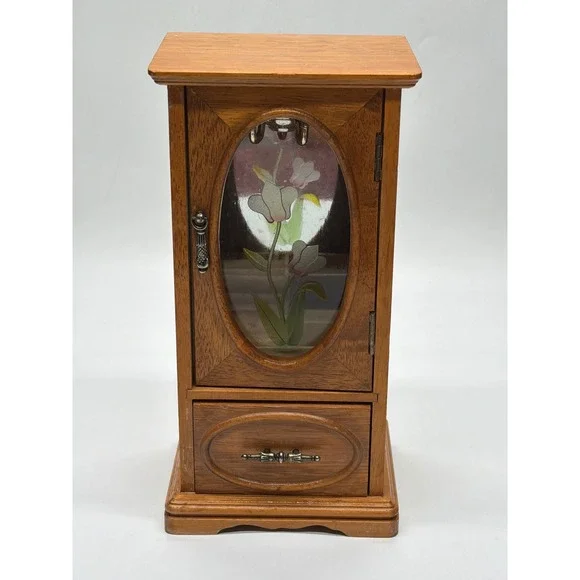 Vintage Wooden Jewelry Armoire Etched Floral Glass Door Necklace Carousel Box