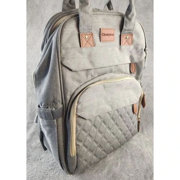 Cherrysea Diaper Bag Backpack Gray USB Charging Port Insulated Pockets Quilted
