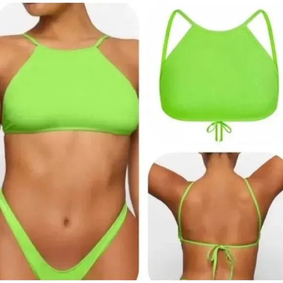 NWOT SKIMS Signature Swim High Neck Bikini Top in Neon Green Size XS