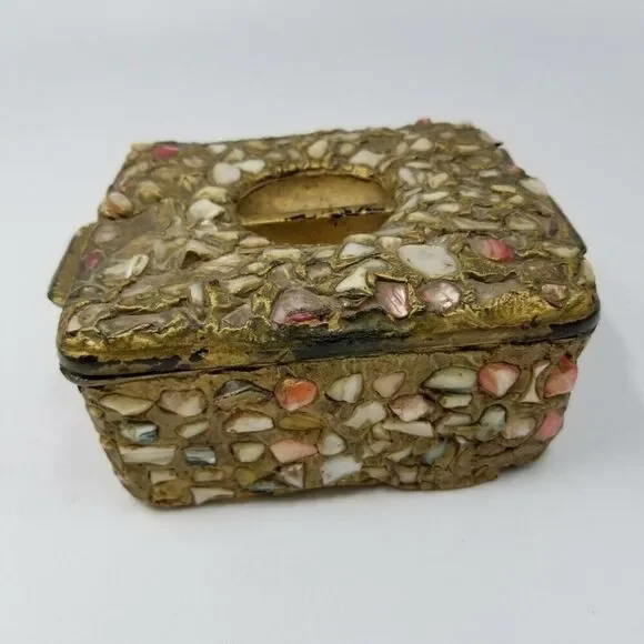 Moroccan Wedding Jewelry Box Inlaid Semi-Precious Stones Gems Gold 2.5