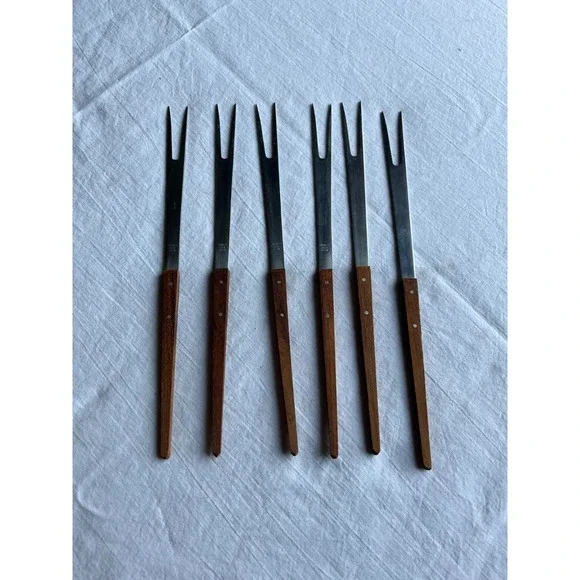 Vintage MCM Fondue Forks Set Wood Handle Stainless Steel Two-Prong Retro Party