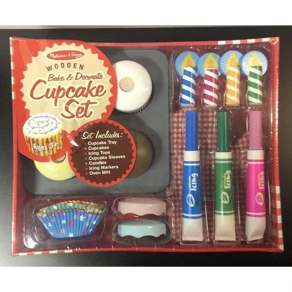 Melissa & Doug Wooden Bake & Decorate Cupcake Set 18pc Play Food Toy 4019 New