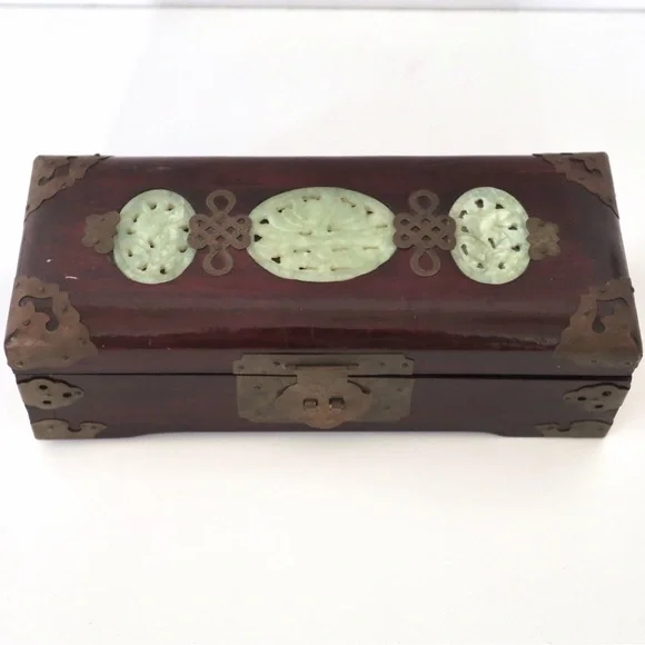 Vtg Chinese Wood Jewelry Keepsake Box Carved Jade Inlay Brass Hardware 10