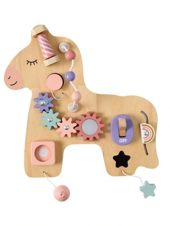 Wooden Unicorn Busy Board Sensory Toy - Tan & Pastel from Aldi Little Town