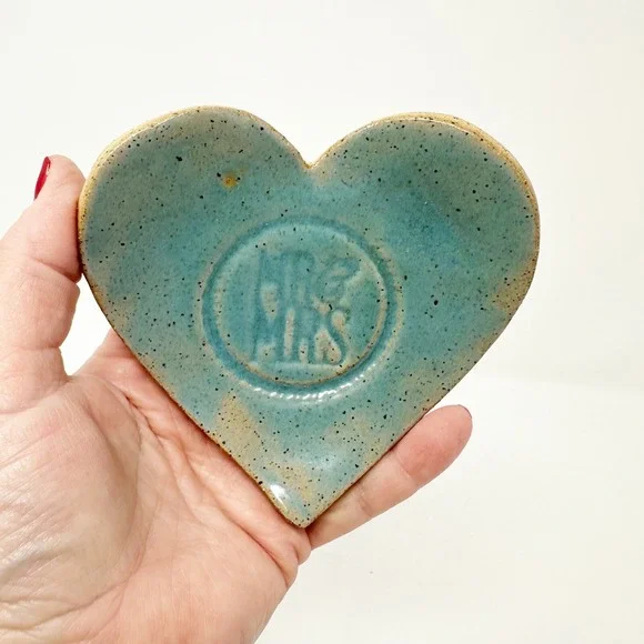 Mr & Mrs Ceramic Pottery Heart Shaped Ring Dish Handmade‎