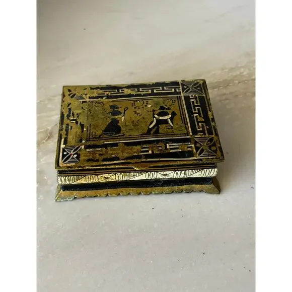 Vintage Brass & Black Lacquer Trinket Box Greek Key Classical Scene Jewelry Box