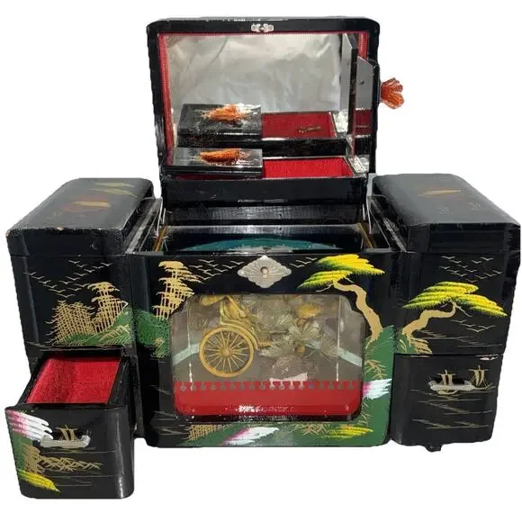 Vintage Jewelry Box Asian Music MOTION Geisha Mirror Japan Handpainted Works 13