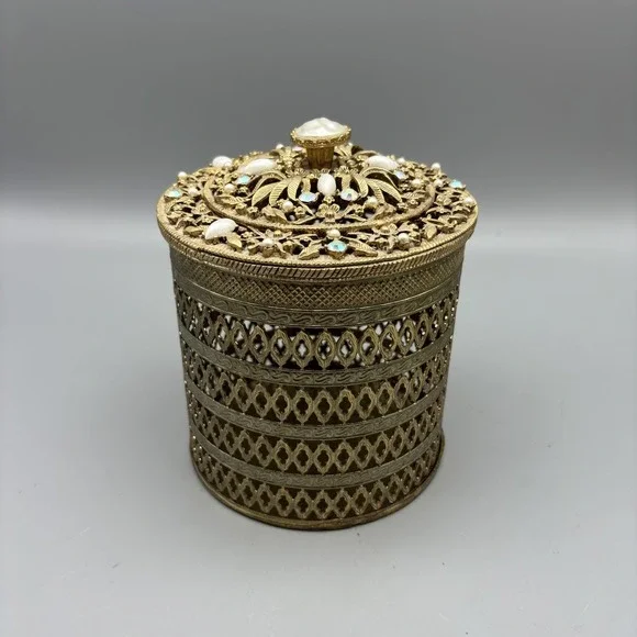 Vintage Gold Tone Filigree Jewelry Trinket Box Lid Inlay Stones