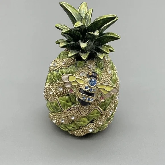 Pineapple Trinket Box Green Enamel Bee Crystals Magnetic Hinged Jewelry Decor