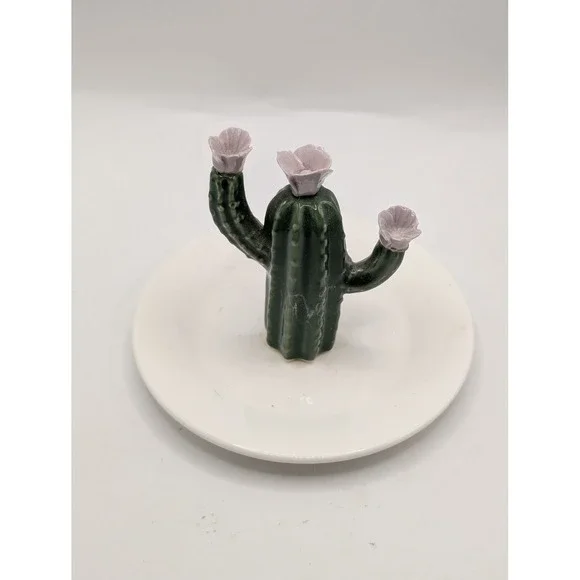 Ceramic Cactus Jewelry Dish Ring Holder Green Saguaro with Lavender Flowers 4in‎
