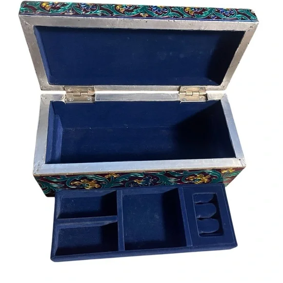 Handmade meenakari jewelry box from India,laminated sheet metal, painted enamel