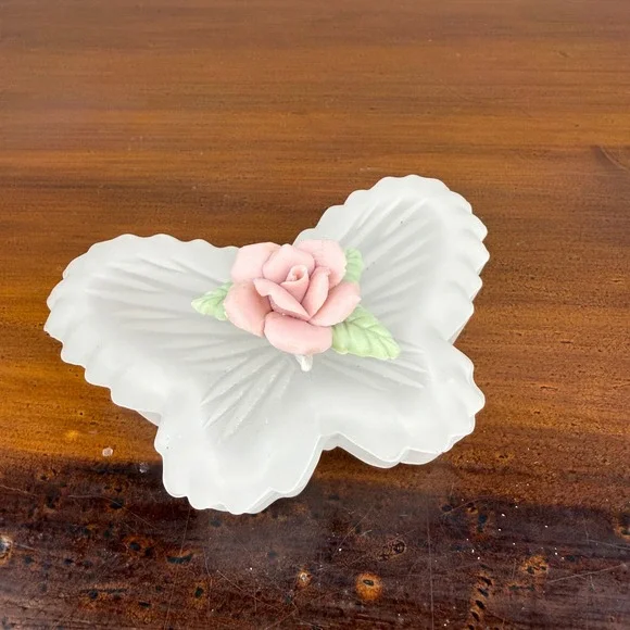 Vintage Frosted Glass Butterfly Trinket Box with Pink Porcelain Rose Lid