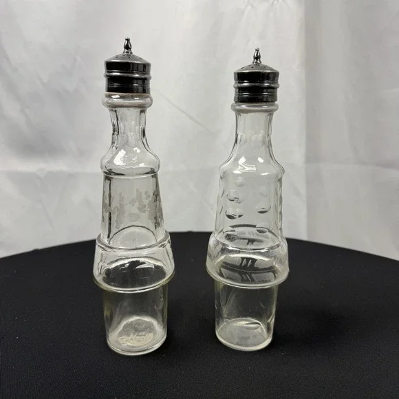 2 Vintage‎ Condiment Cruet Castor Set  Etched Glass