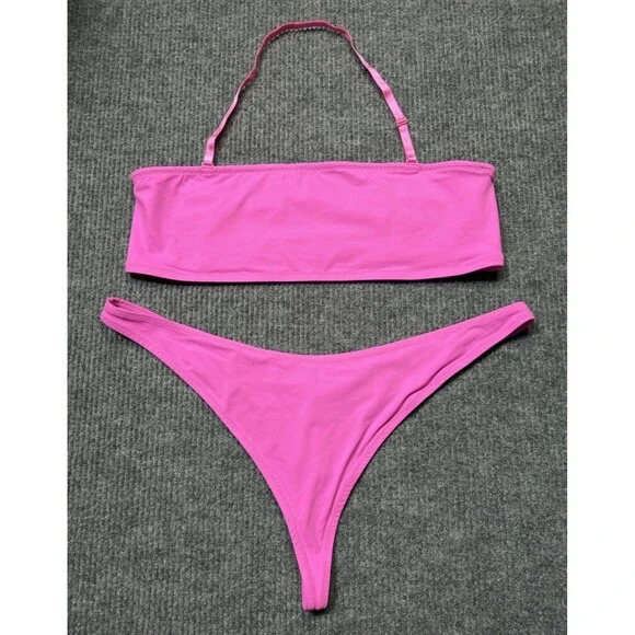 Skims Recycled Swim Women 4X Thong Bottom & Bandeau Top Bikini Set Pink Taffy