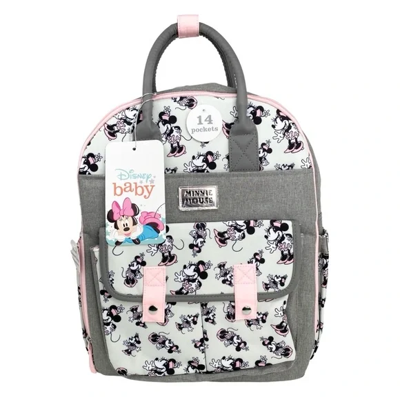 Disney Mickey Mouse 14 Pocket Multi-piece Backpack Diaper Bag Pink Gray NWT